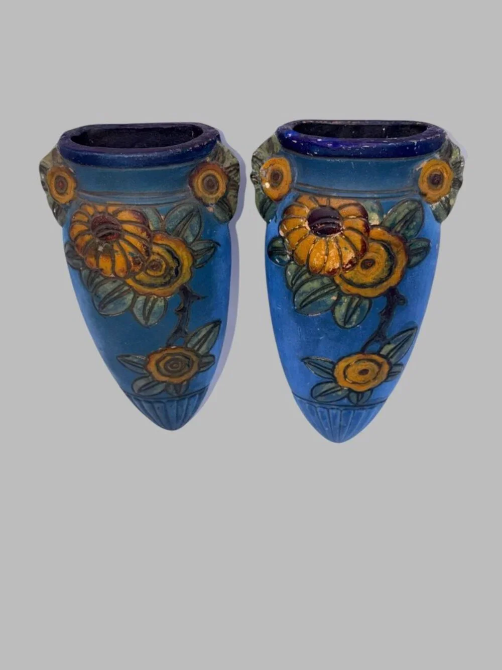 Vintage Japan Floral Wall Pocket Vase Pair Blue Yellow Cottagecore Folk Art 8.25